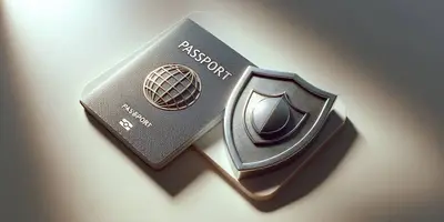 Passport placed next to a travel protection shield